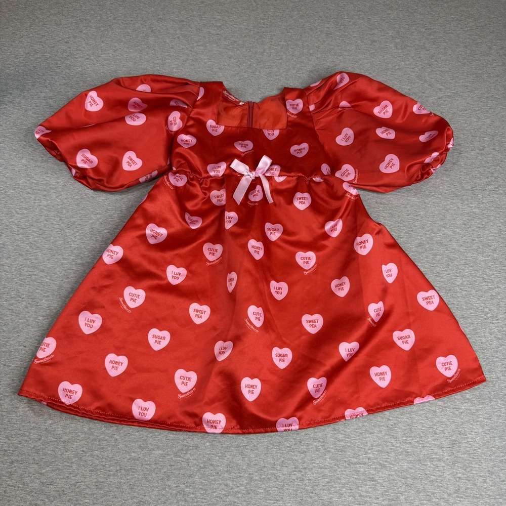 Sweethearts Girls Red Satin Heart Print Puff Sleeve A-Line Zip Dress 6/6